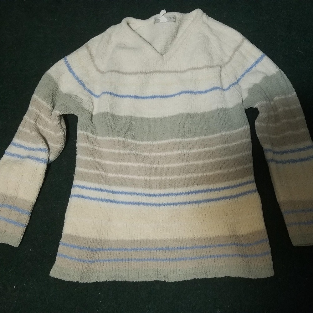 Elegant V-Neck Striped Sweater - Cream, Gray, and Blue